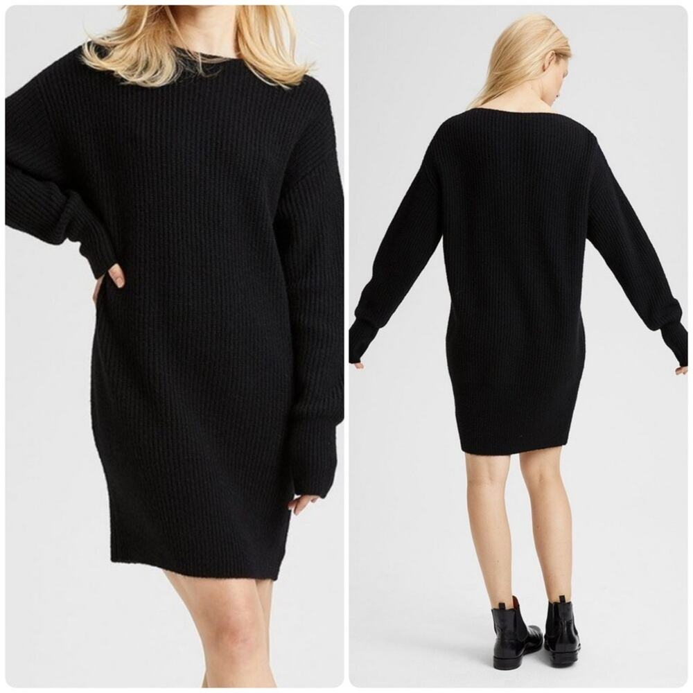 Theory Wool Ribbed Cocoon Dress Black